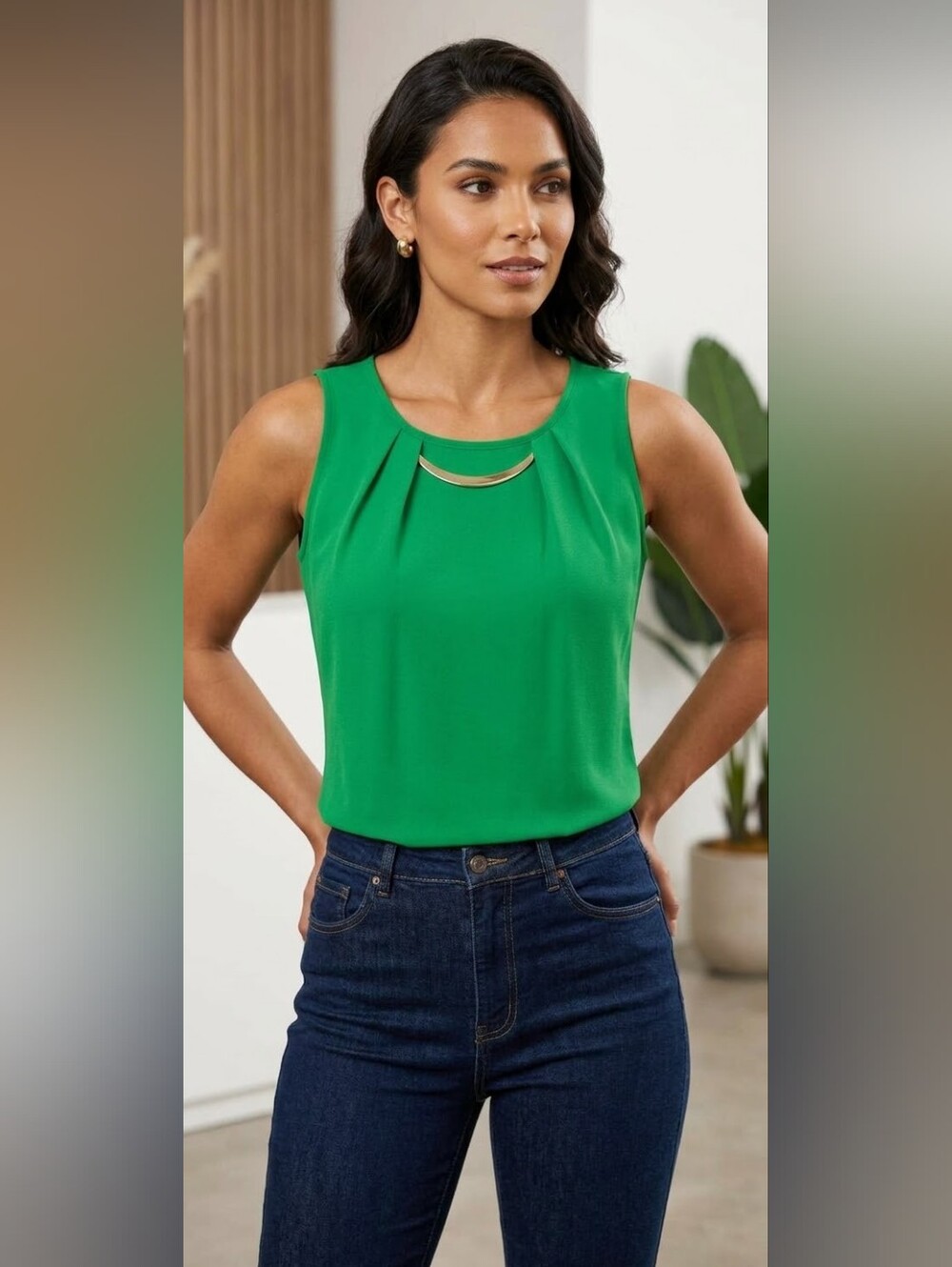 mandee Bright Green Sleeveless Tank with Silver Accent Bar